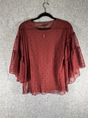 Express‎ Blouse Women Medium Red Semi Sheer Short Sleeve Flare Dark Romantic
